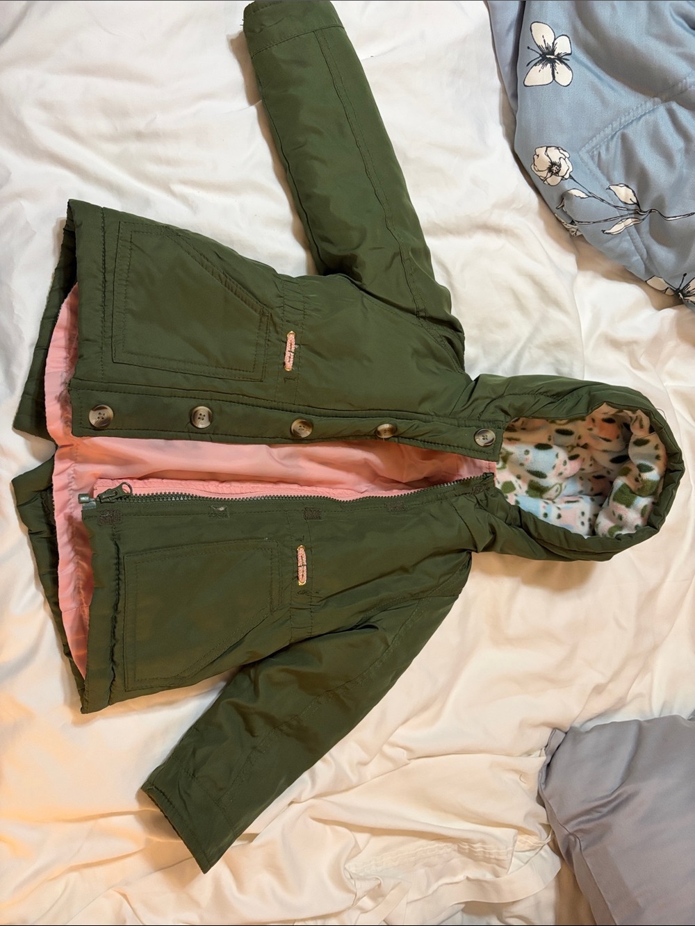 3-in-1 Girls' Olive Green Hooded Winter Coat with reversible Pink inner jacket